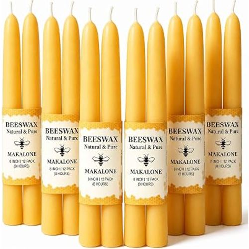 Beeswax Taper Candles,Pure Bees Wax Candle Sticks,8 Inch,12 Pack,Non-Toxic