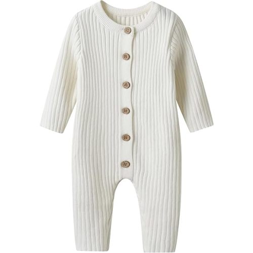 Newborn Baby Knit Sweater Romper Coverall Outfits One-Piece Jumpsuit Organic Cotton for Infant Baby Boys, Girls