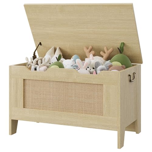 IDEALHOUSE Storage Chest, Rattan Toy Chest, 30" Wooden Storage Bench with Safety Hinge, Blanket Chest, Entryway Bench, Supports 350 lb, Storage Trunk for Living Room, Bedroom, Playroom, Natural Oak