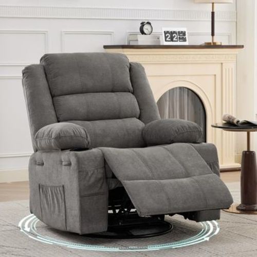360° Swivel Recliner Chair for Adult, Linen Rocker Chair with 3 Positions/2 Side Pockets/Cup Holders, Manual Nursery Glider Rocking Chair