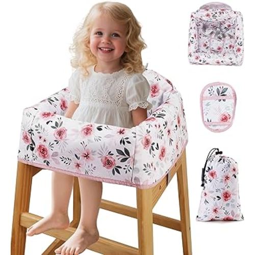 Baby High Chair Cover Restaurant with Strap Pads & 3-Point Harness, Machine Washable, Waterproof Portable Highchair Covers for Eating, Travel, Home Use - Fits Wooden Chairs, Pink Flowers