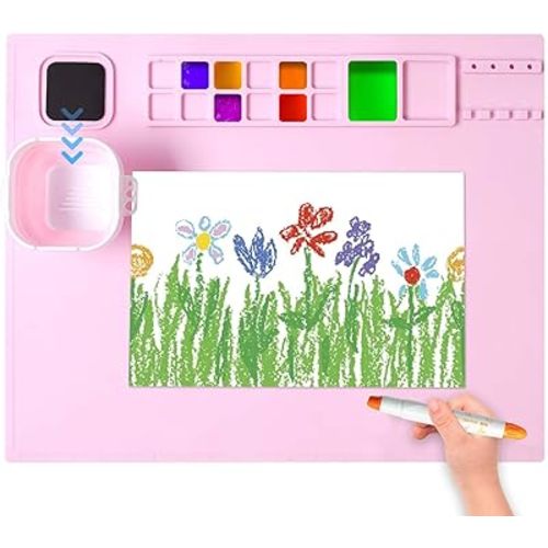 AWOKE Silicone Painting Mat for Table Protection - 20"X16" Washable Art Mat with 1 Water Cup for Kids - Craft Mat has 12 Color Dividers - 2 Paint Palettes (Green), Toddler Activities, Girl Boy Gifts