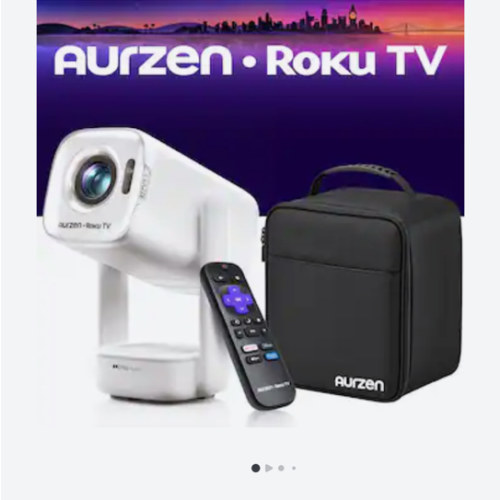 Aurzen - Roku TV Smart Projector with Carrying Case, USB-C Powered, Flexible Stand, Independent Base Speakers, Dolby Audio, 1080P - White