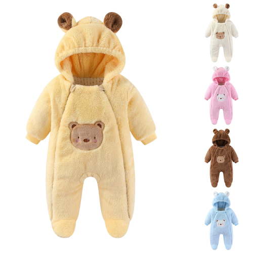 Kctiaxy Newborn Onesies Toddler Kids Stand Collar Hooded Cute Romper Warm Fleece Long Sleeve Zipper Jumpsuit Winter Baby Clothes 3-18 Months