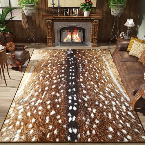 Amearea Premium Deer Rug for Living Room, 5x7 Feet Animal Print Rug for Bedroom, Machine Washable Faux Fur Deer Skin Area Rugs Non-Slip Carpet for Kids Teen Room Office Dining Room Home Decor