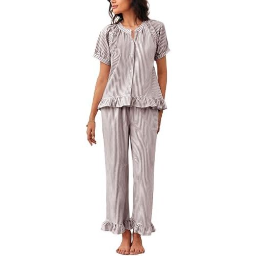 Flygo Womens Striped Pajama Sets 2 Piece Cotton Pjs Lounge Set Ruffle Button Down Tops Long Pants Soft Sleepwear with Pockets