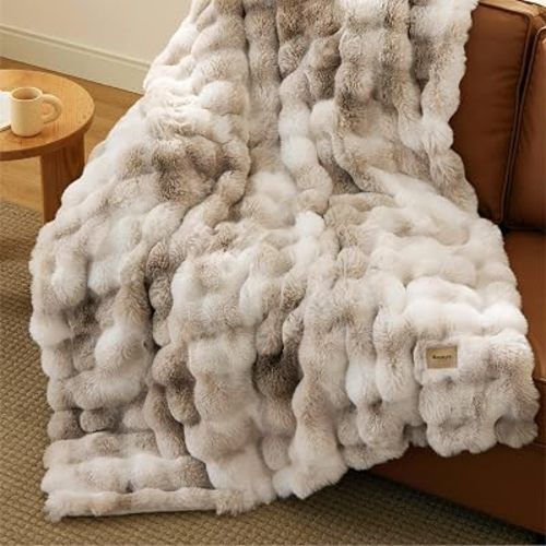 Bedsure Faux Rabbit Fur Blanket Throw XL Big Size, Fluffy Fuzzy Large Throw Blanket for Chair Sofa, Soft Cozy Bedding Coloring Couch Cover, Thick Warm Plush Women Men Gifts, Tie-dye Taupe, 50" X 70"