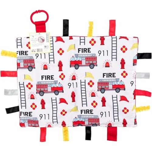 Baby Sensory, Security & Teething Closed Ribbon Tag Lovey Blanket with Minky Dot Fabric: 14”X18” (Firefighter)