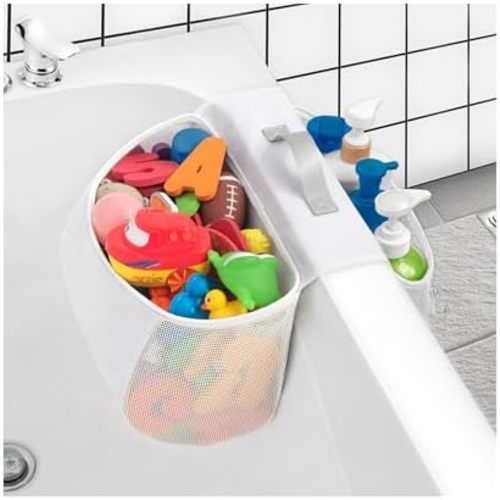 Saddle shape 2 Compartments Bath Toy Organizer, Easy Access for Children, Wide Opening Bath Toy Holder for Drying Toys and Storage, Mesh Shower Toy Holder and Bath Tub Toy Storage Organizer for Tub.