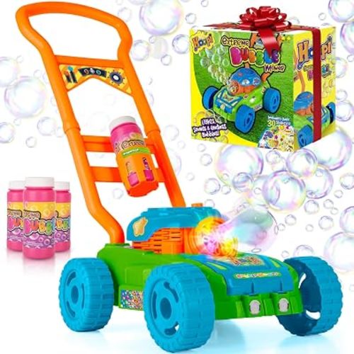 Hoopi Extreme Bubble Lawn Mower for Toddlers 1-3, Spill-Proof Kids Bubble Machine with Lights for 2-Year-Old Boy Birthday Gift, Bubbles Blowing Push Toddler Outdoor Toys for Ages 2-4 with 3 Bottles
