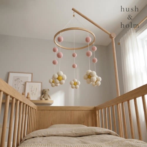 Daisy Pom Pom Baby Mobile, Blush Pink Floral Crib Decor, Handmade Yarn Pom Poms