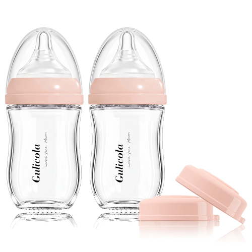 Gulicola Natural Glass Baby Bottle for Breastfeeding, Anti Colic with Slow Flow Nipple, 1 Months+, 5 oz, 2 Pack Pink