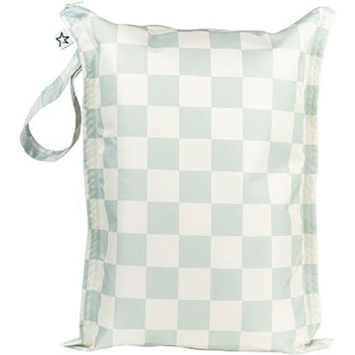 Tiny Twinkle Mess Proof Wet Bags | 1-Pack Reusable Waterproof Wet Bags for Swimsuits | Baby Clothes | Travel & Diaper Bag (Sage Checkers)