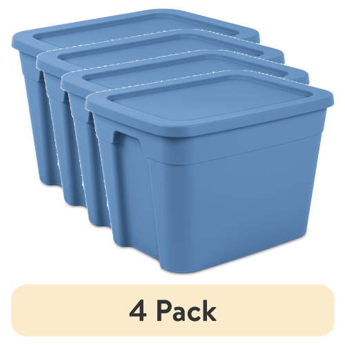 (4 pack) Sterilite 18 Gallon Tote, Plastic Storage Bin with Snap-on Lid, Stackable, Blue
