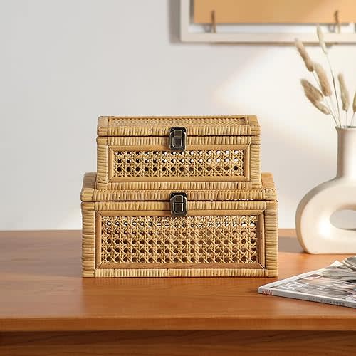 Rattan Keepsake Boxes, Boho Display Boxes with Lids, Set of 2 Rectangular Wicker Storage Basket, Natural Woven Cane Bins for Home Decor (Rectangular)