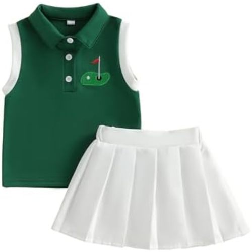 Toddler Baby Girl Golf Outfit Golf Sleeveless Polo T-shirt Tops Pleated Mini Skirt Set Cute Girl Summer Clothes