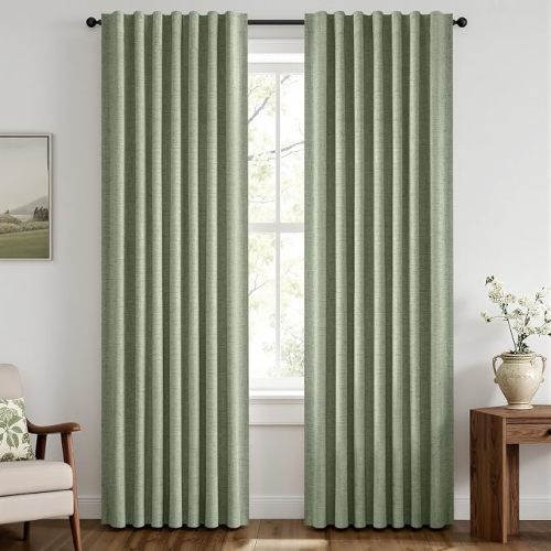 MIULEE 100% Blackout Linen Curtains for Bedroom, Sage Green Solid Luxury Decor Thermal Insulation Room Darkening Drapes for Living Room Back Tab Rod Pocket 42 x 84 Inches, 2 Panels