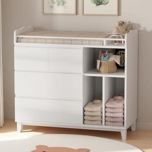 Einhomn Baby Changing Table Top, Multi-Functional Nursery Changing Table, 4 Drawers with 2 Open Shelves, Bedroom, White