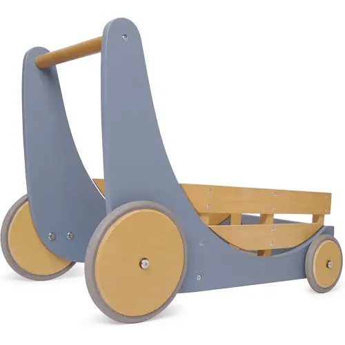 Kinderfeets 2-in-1 Wooden Cargo Walker Cart Wagon with Adjustable Rubber Wheels and Removable Basket for Children and Toddlers (Blue)