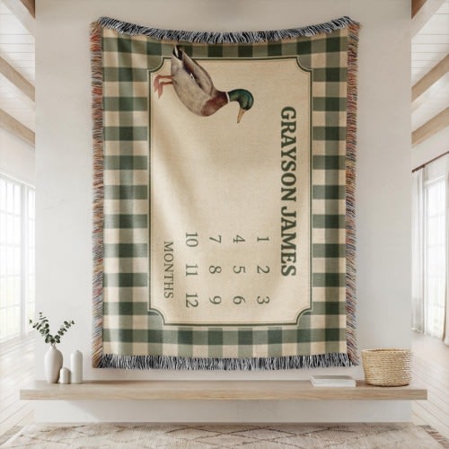 Personalized Mallard Duck Baby Blanket – Custom Name Milestone Blanket – Hunting Nursery Decor – Rustic Woodland Duck Throw