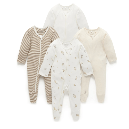 4 Pack Zip Footie Vanilla Wattle Bee Pack - Purebaby Rompers | Maisonette