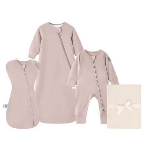 Newborn Essential Bundle - ClimaCuddle™ Swaddle 2-in-1+Romper+Camel Wool Sleep Sack+Crib Sheet  -Pink