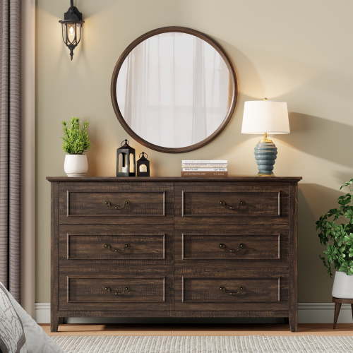 LainTene Farmhouse Dresser for Bedroom, 47" Wood Dresser with Antique Handles, Vintage 6 Drawers Dresser, Chest of Drawers Storage Cabinet for Living Room, Entryway