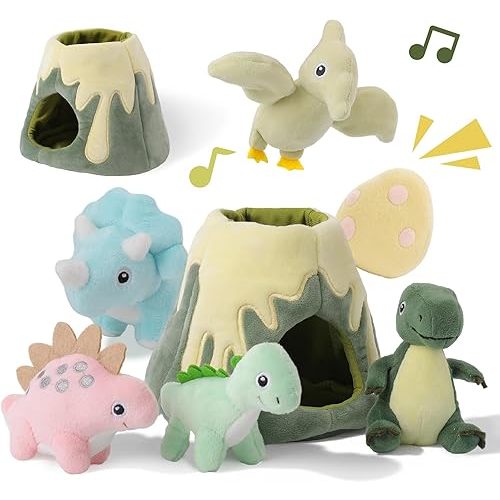 Baby Toys 6-12 Months – My Little Volcano with 5 Stuffed Dinosaurs, Montessori Toy with Rattle, Crinkle, Squeaker, Sensory Toys for Toddlers 1-3, Early Development Christmas Birthday Gift