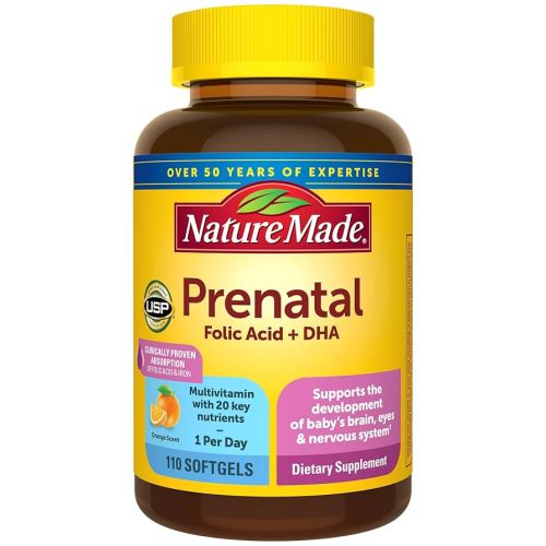 Nature Made Prenatal with Folic Acid + DHA, Prenatal Vitamin and Mineral Supplement for Daily Nutritional Support, 110 Softgels, 110 Day Supply