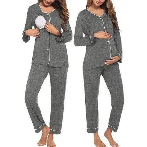 Ekouaer Maternity Pajama Set Button Down Nursing Pajamas Long Sleeve Breastfeeding Loungewear with Adjustable Pants Deep Grey S