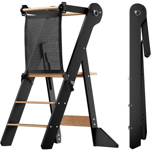 COSYLAND Foldable Toddler Standing Tower - Adjustable Height Folding Step Stool Kids Toddler Kitchen Stool for Learning and Cooking - Ages 18 Months to 6 Years with Safety Net Natural & Grey