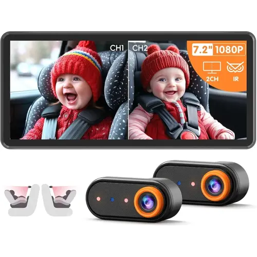 BM5PRO 7.2" 1080P HD Baby Car Camera for 2 Kids, Split Screen with IR Night Vision, Easy to Install & Adjust Brightness, Dual Car Camera Baby Monitor for Rear Seat Safety