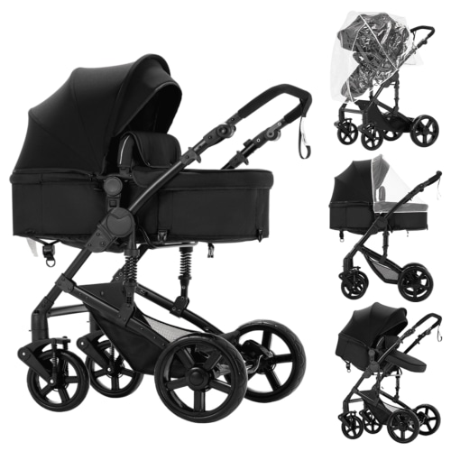 Baby High-View Baby Stroller,Convertible Baby Carriage, Travel Infant Pushchair with Mosquito Net, Cup Holder, Rain Cover, for 0-3 Years, Unisex,Black
