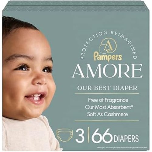 Pampers Amore, Size 3 (13-26 lbs), 66 Count, Our Best Diaper – Hypoallergenic & Fragrance Free, Up to 100% Leakproof, Soft as Cashmere