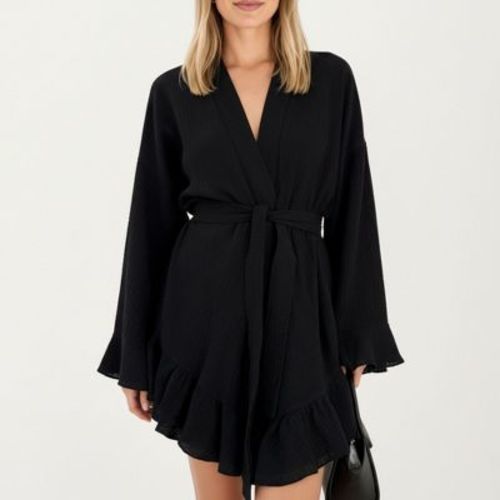 Anna-Kaci Lounge Women's Wrap Tie Front Night Robe and Ruffle Shorts 2-Piece Set - Small, Black