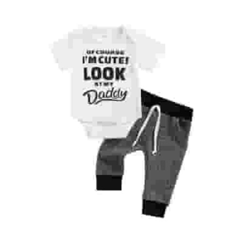 Canrulo 2pcs Newborn Baby Boys Clothes Letter Printing Short Sleeve Romper Tops Pants Set Gray Black 3-6 Months