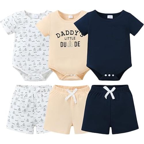 Jecson Newborn Boy Clothes Baby Boy Outfits Summer Set 6-Piece Cotton Short Sleeve Top and Shorts for 0-18M