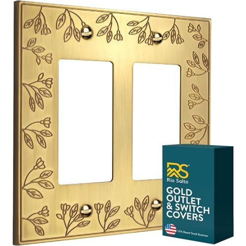 Rio Salto Brushed Gold Decorative 2 Light Switch Cover Double Rocker Switch Plate 2 Gang Rocker Wall Plate Decorator GFCI Premium Metal Wall Plates Floral Collection, Midsize 5.00" x 5.00"
