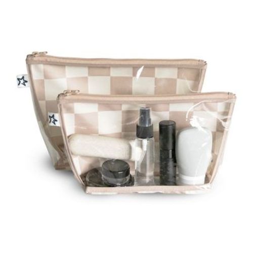 Tiny Twinkle 2-Pack Airline Compliant Travel Bags with Zipper Closure, Clear Front Pouch, Diaper Bag, Toiletry/Cosmetics Organizer (Beige Checkers)