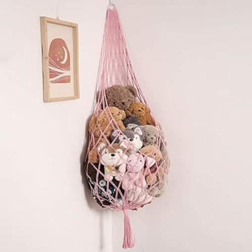 Stuffed Animal Hammock Corner Hanging Net for Stuff Animal Storage Macrame Toy Display Plush Toy Holder-Perfect for Tiny Space Walls-Kid Bedroom Decor Nursery Playroom Organizer (Light Pink)