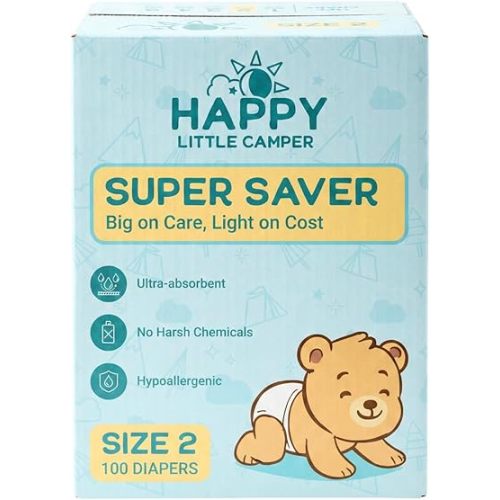 Happy Little Camper Super Saver Diapers, Size 2, 100 Count | Budget-Friendly Disposable Baby Diapers for Sensitive Skin | Hypoallergenic, Fragrance-Free, Ultra Absorbent