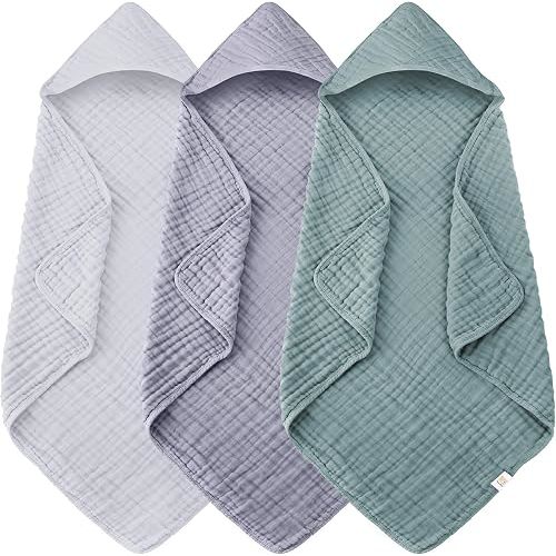 Ease Cubs 3-Pack Muslin Hooded Baby Towels (Grey, Green and Slate)