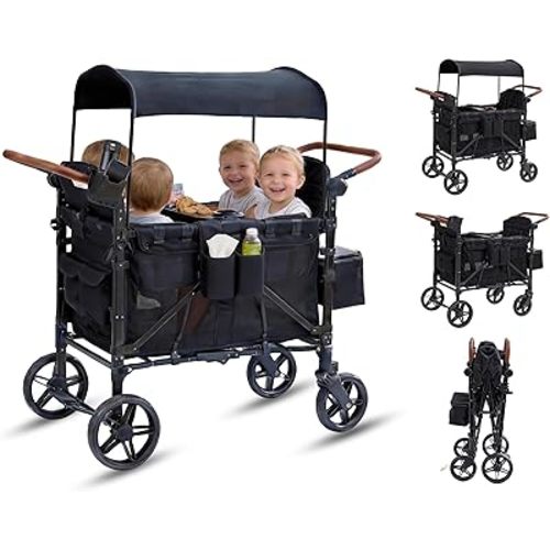 Stroller Wagon for 4 Kids, 4 Seater Wagon Stroller with Snack Tray, Large Storage Bag, Phone Cup Holder, Removable Canopy, Foldable Wagon Stroller 4 Seater with Adjustable Push Handles (Deep Black)