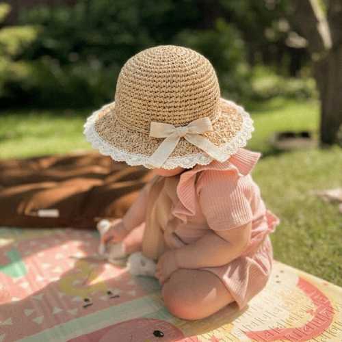 Personalized Baby Straw Hat – Lace Trim, Bow, Boho Summer Sun Hat