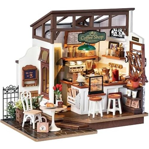 Rowood Coffee Miniature House Kit, Mother's Day DIY Miniature Dollhouse Kits for Adults to Build, Wooden Mini House Model Kits Adults Crafts with LED, Gift on Christmas Birthday for Family-NO.17 Cafe