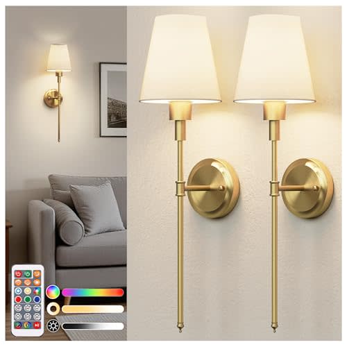 DORESshop Battery Operated Wall Sconce Set of 2, Wireless Wall Light Easy to Install, 15 Color Rechargeable Wall Sconces, Sconce Wall Decor Set of 2 for Bedroom, Living Room, Gold, 24.6in
