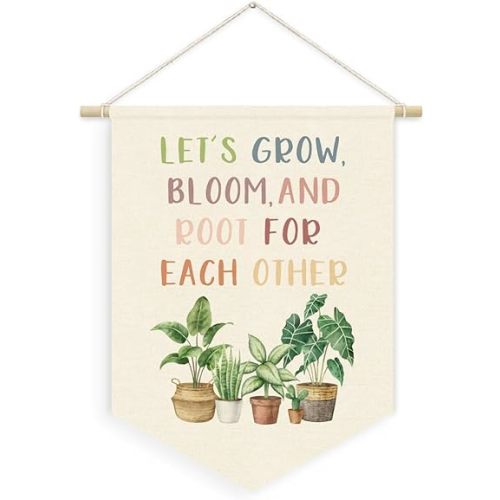 Greenery Plant Classroom Decor, Let's Root for Each Other Linen Canvas Banner for Classroom Door Playroom Homeschool,Neutral Cozy Inspirational Plants Wall Hanging Pennant Banner, 15x11in