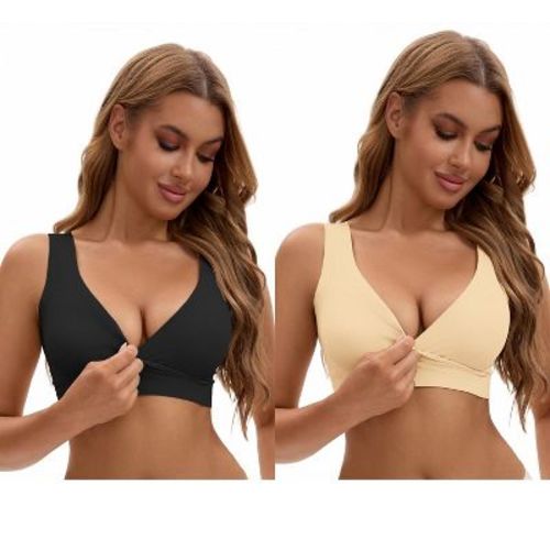 INSPIRE CHIC Nursing Bra for Women's Crossover Push Up Wirefree Sleep Breastfeeding Maternity Bralette 2 Packs 1 Black+1 Beige Small