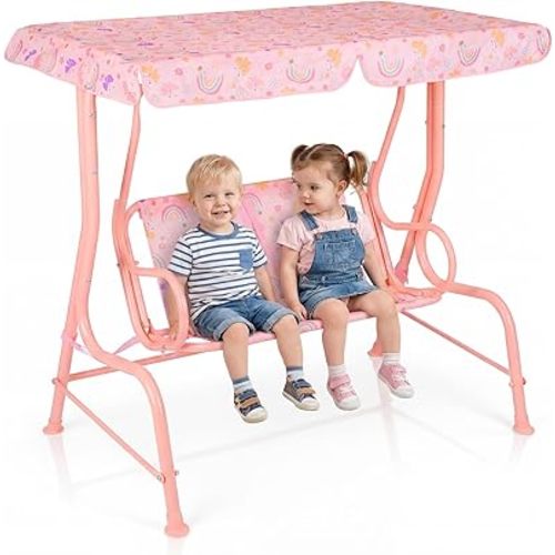 Costzon Kids Porch Swing, All-Weather Patio Swing Bench Hammock w/Adjustable Canopy & Safety Belts for 2 Children, Outdoor Swing for Backyard Garden Balcony Poolside (Light Pink, Butterfly)