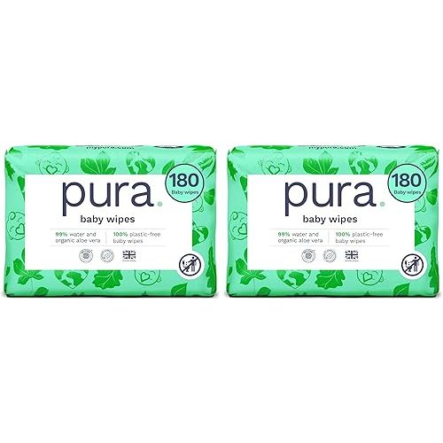 Pura Baby Wipes 3 x 60 per pack (180 Wipes) 100% Plastic-Free & Plant Based Wipes, 99% Water, Suitable for Sensitive & Eczema-prone Skin, Fragrance Free & Hypoallergenic, EWG, Cruelty Free (Pack of 2)